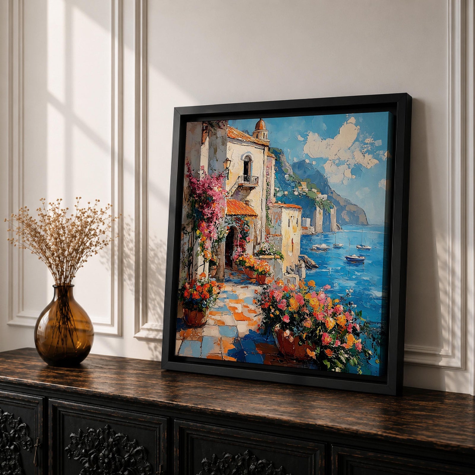 Amalfi Coast Italy Wall Art Mediterranean Seaside Framed Canvas Coastal Landscape Living Room Decor
