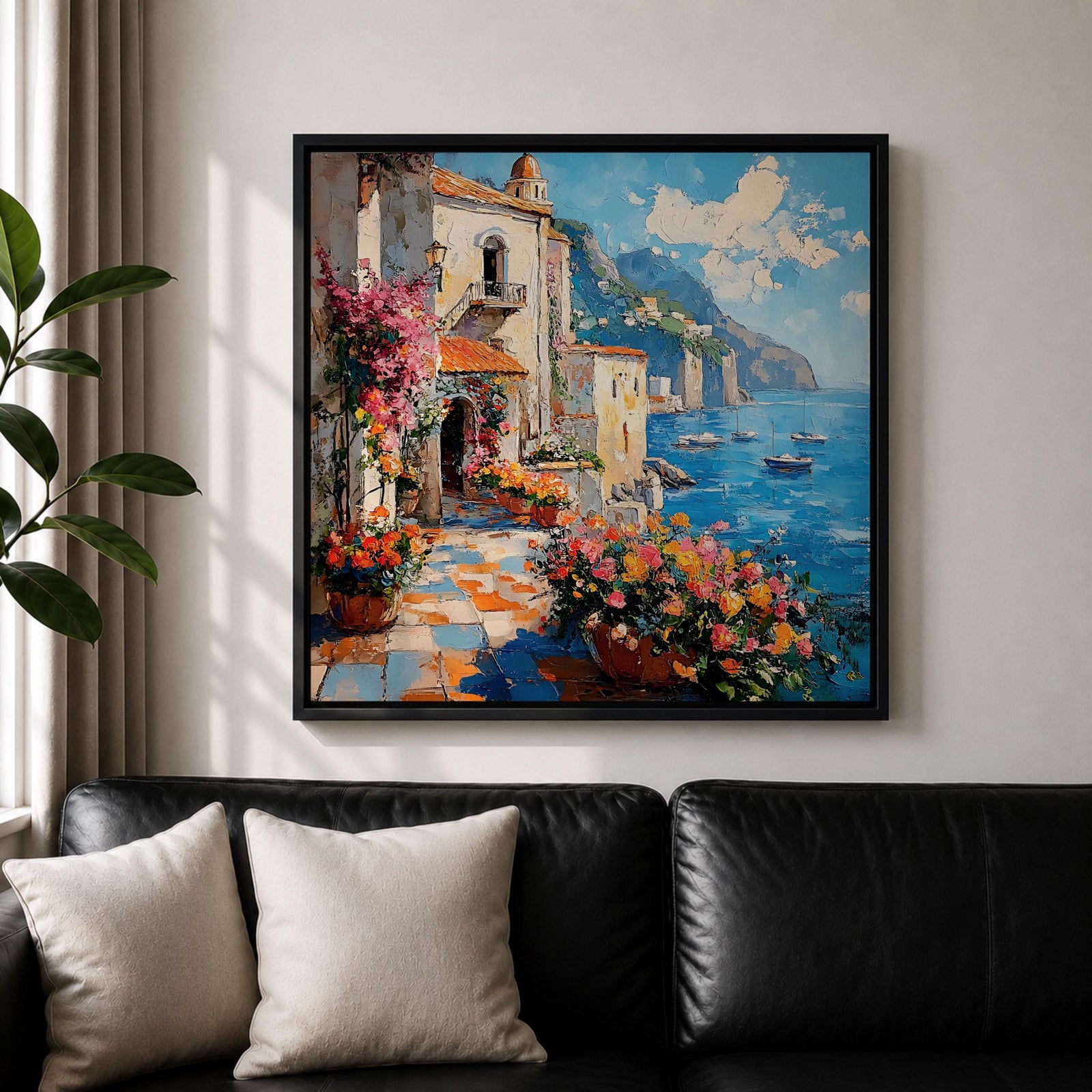 Amalfi Coast Italy Wall Art Mediterranean Seaside Framed Canvas Coastal Landscape Living Room Decor