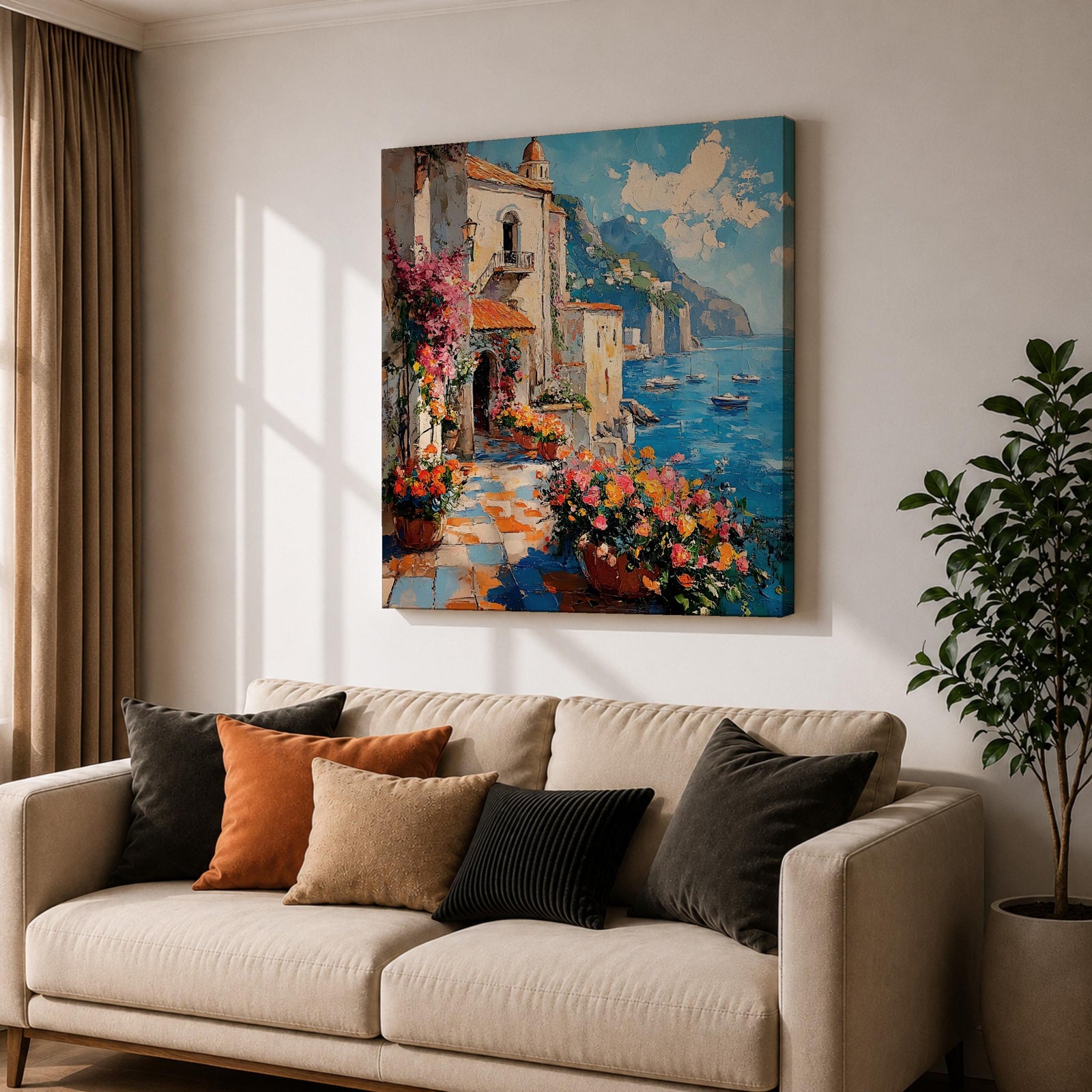 Amalfi Coast Italy Wall Art Mediterranean Seaside Framed Canvas Coastal Landscape Living Room Decor
