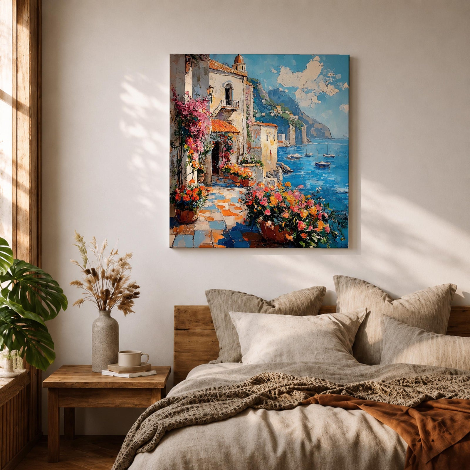 Amalfi Coast Italy Wall Art Mediterranean Seaside Framed Canvas Coastal Landscape Living Room Decor