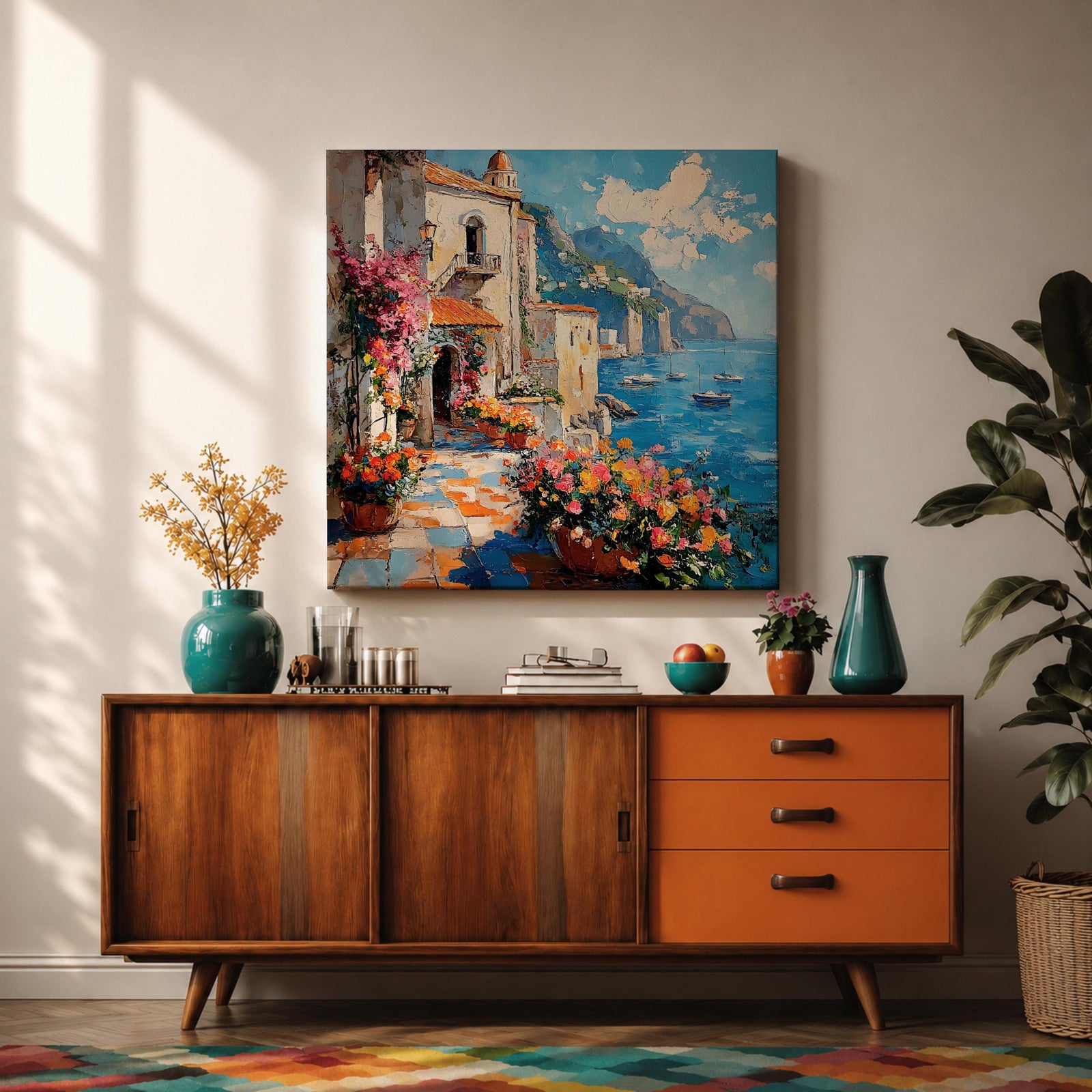 Amalfi Coast Italy Wall Art Mediterranean Seaside Framed Canvas Coastal Landscape Living Room Decor