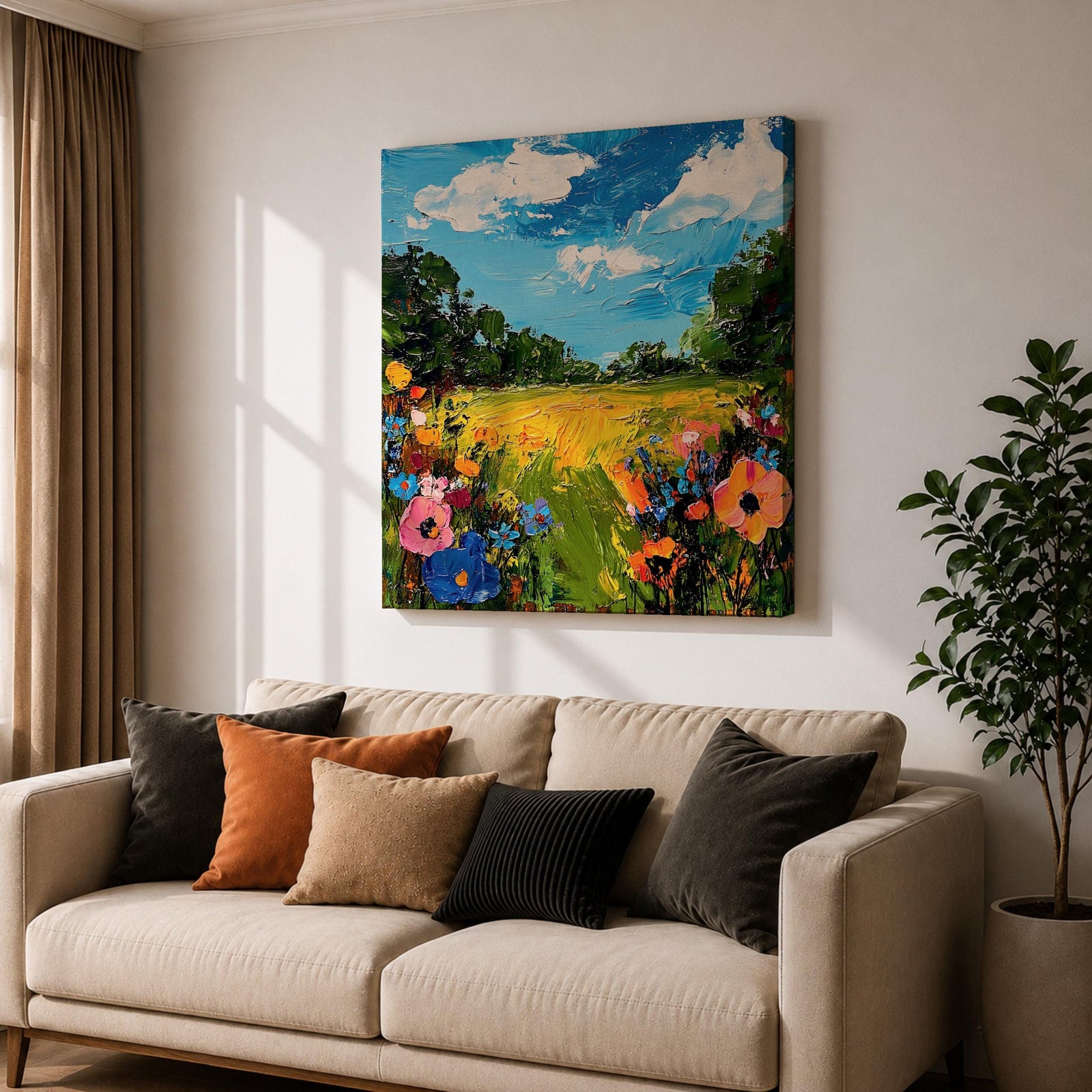 Wildflower Meadow Wall Art Summer Field Landscape Framed Canvas Nature Home Decor
