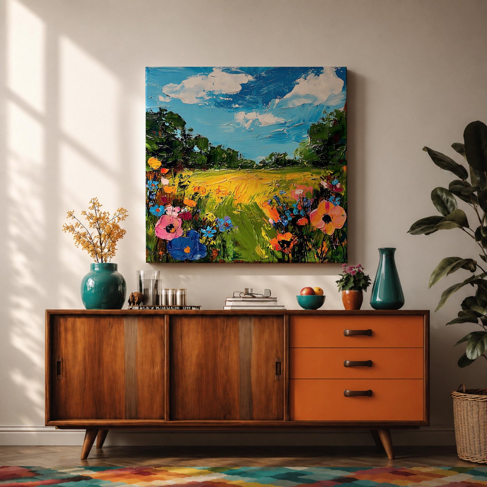 Wildflower Meadow Wall Art Summer Field Landscape Framed Canvas Nature Home Decor