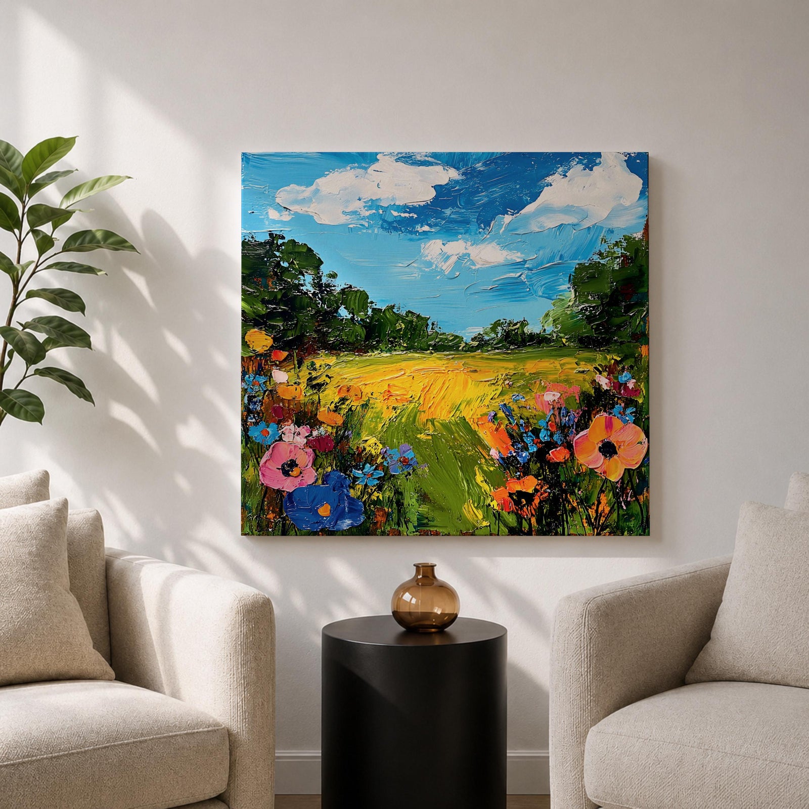 Wildflower Meadow Wall Art Summer Field Landscape Framed Canvas Nature Home Decor