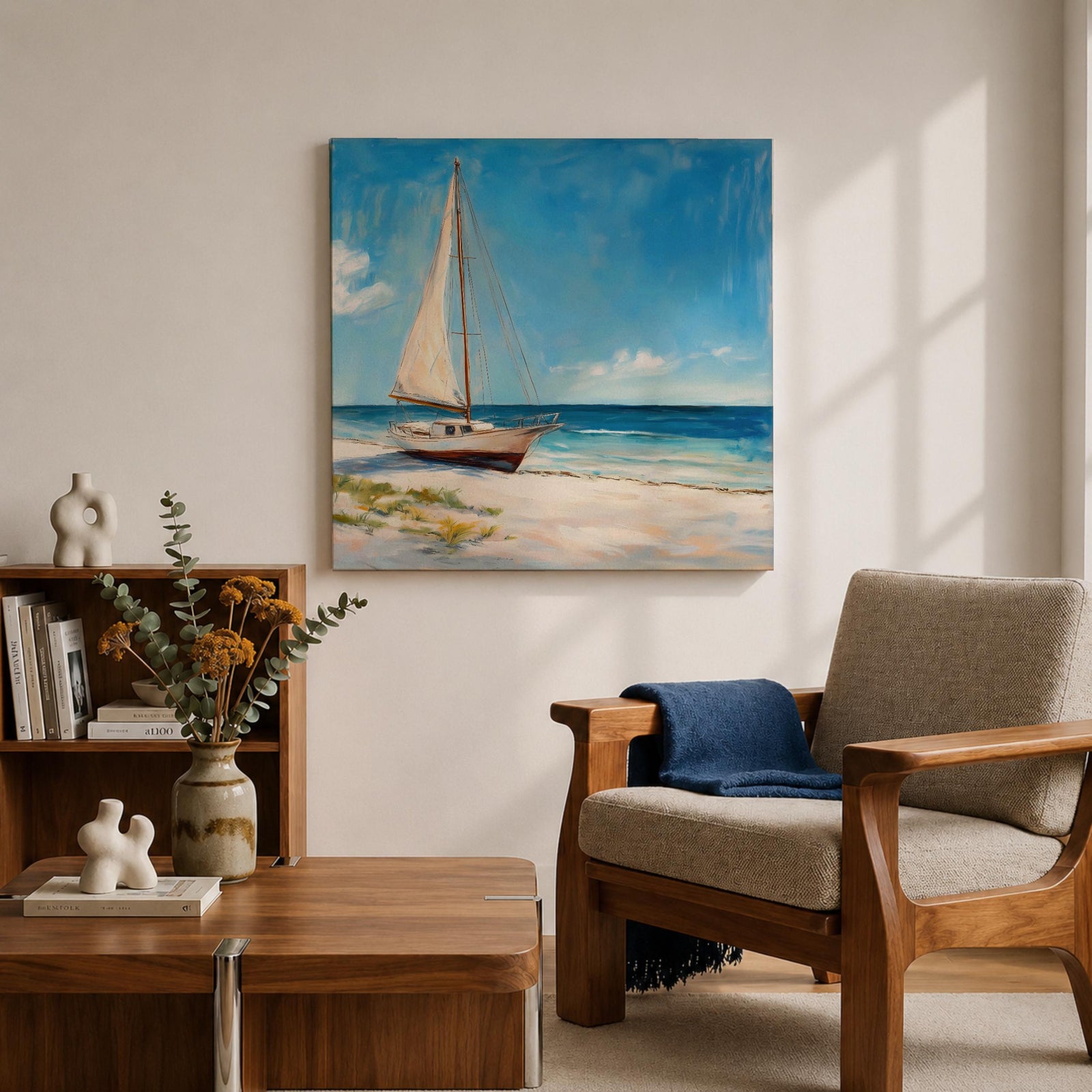 Sailboat Beach Wall Art Coastal Sailing Framed Canvas Ocean Seascape Landscape Living Room Decor