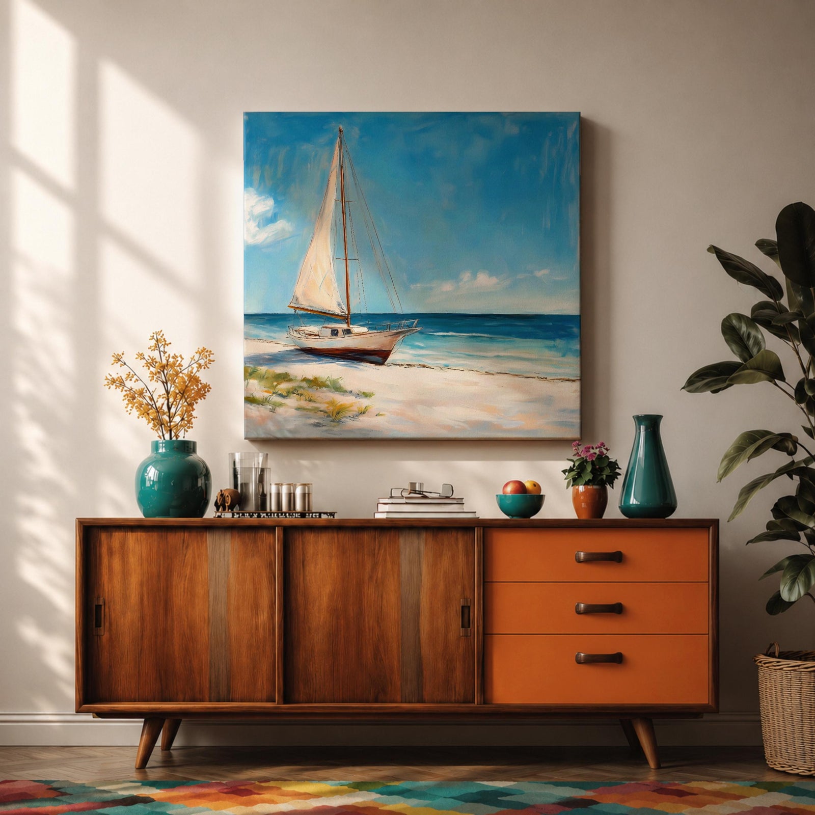Sailboat Beach Wall Art Coastal Sailing Framed Canvas Ocean Seascape Landscape Living Room Decor