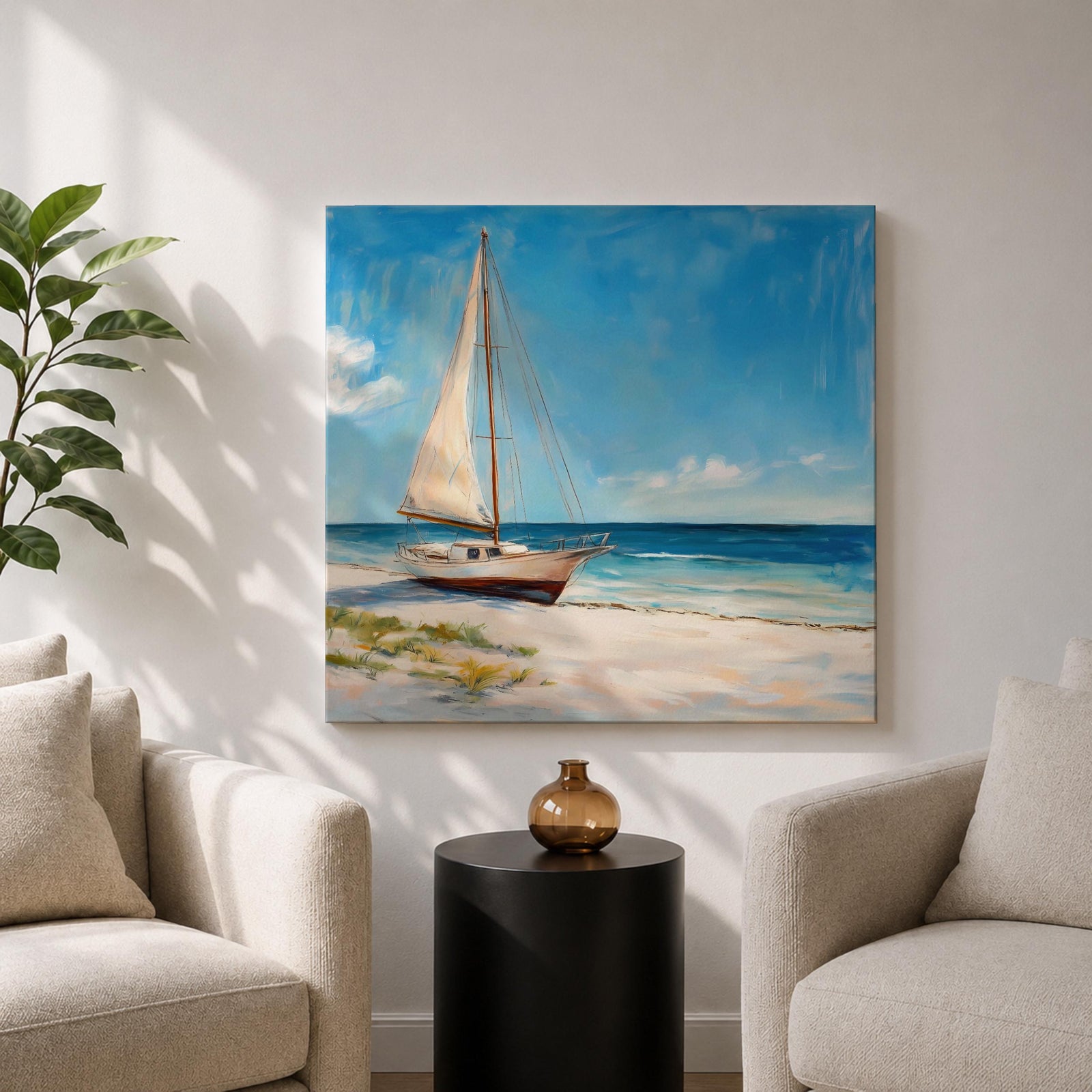 Sailboat Beach Wall Art Coastal Sailing Framed Canvas Ocean Seascape Landscape Living Room Decor