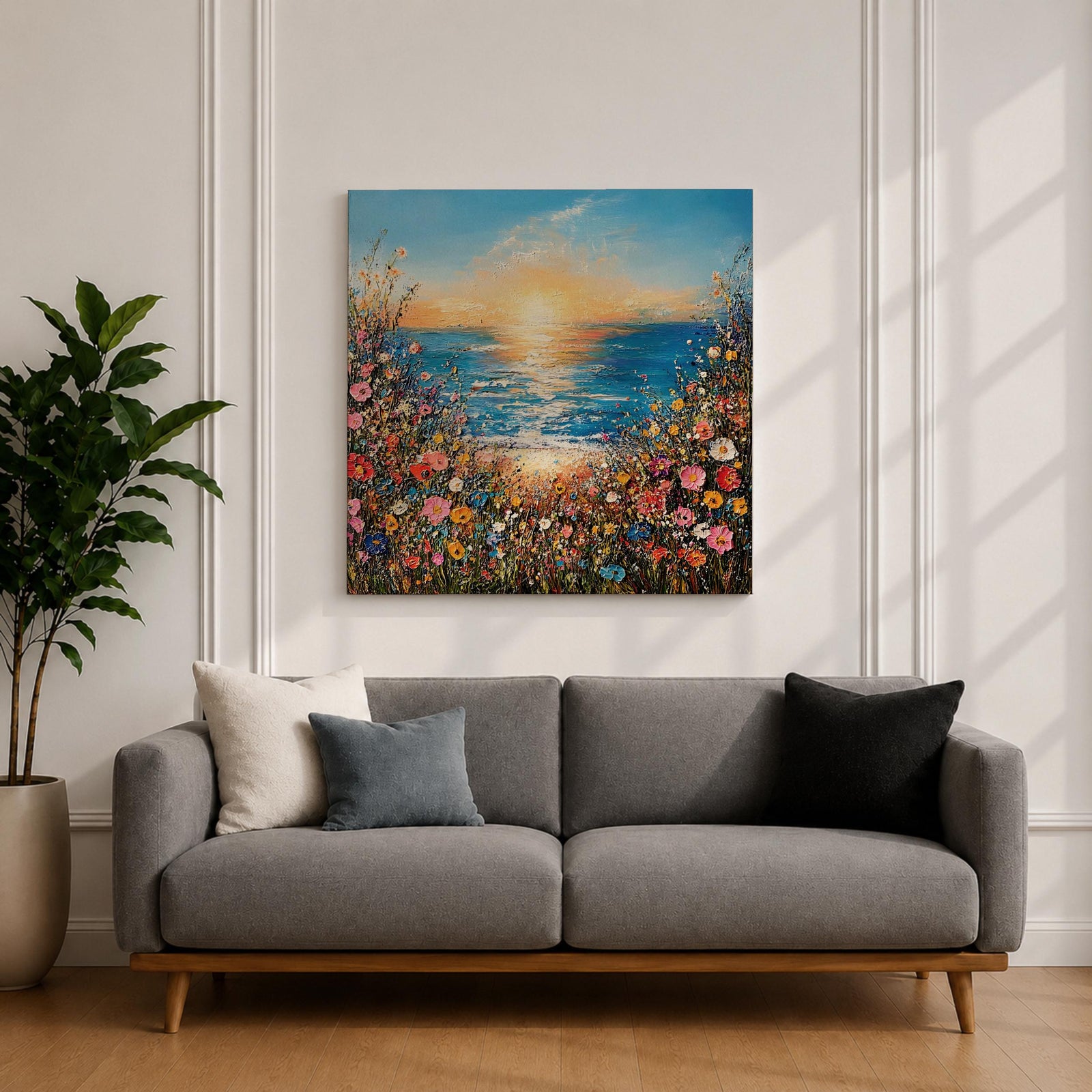 Wildflower Beach Sunset Wall Art Coastal Floral Framed Canvas Ocean Landscape Living Room Decor