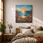Wildflower Beach Sunset Wall Art Coastal Floral Framed Canvas Ocean Landscape Living Room Decor