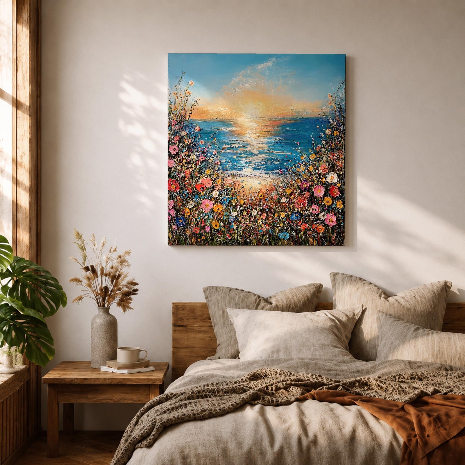 Wildflower Beach Sunset Wall Art Coastal Floral Framed Canvas Ocean Landscape Living Room Decor
