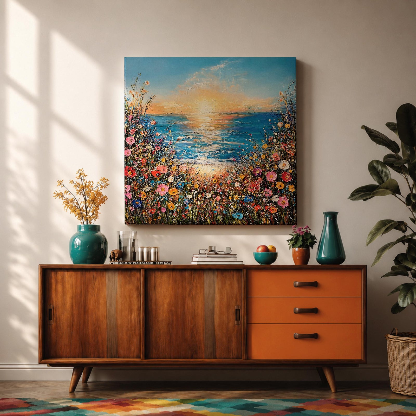 Wildflower Beach Sunset Wall Art Coastal Floral Framed Canvas Ocean Landscape Living Room Decor