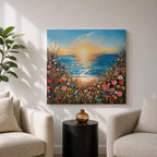 Wildflower Beach Sunset Wall Art Coastal Floral Framed Canvas Ocean Landscape Living Room Decor