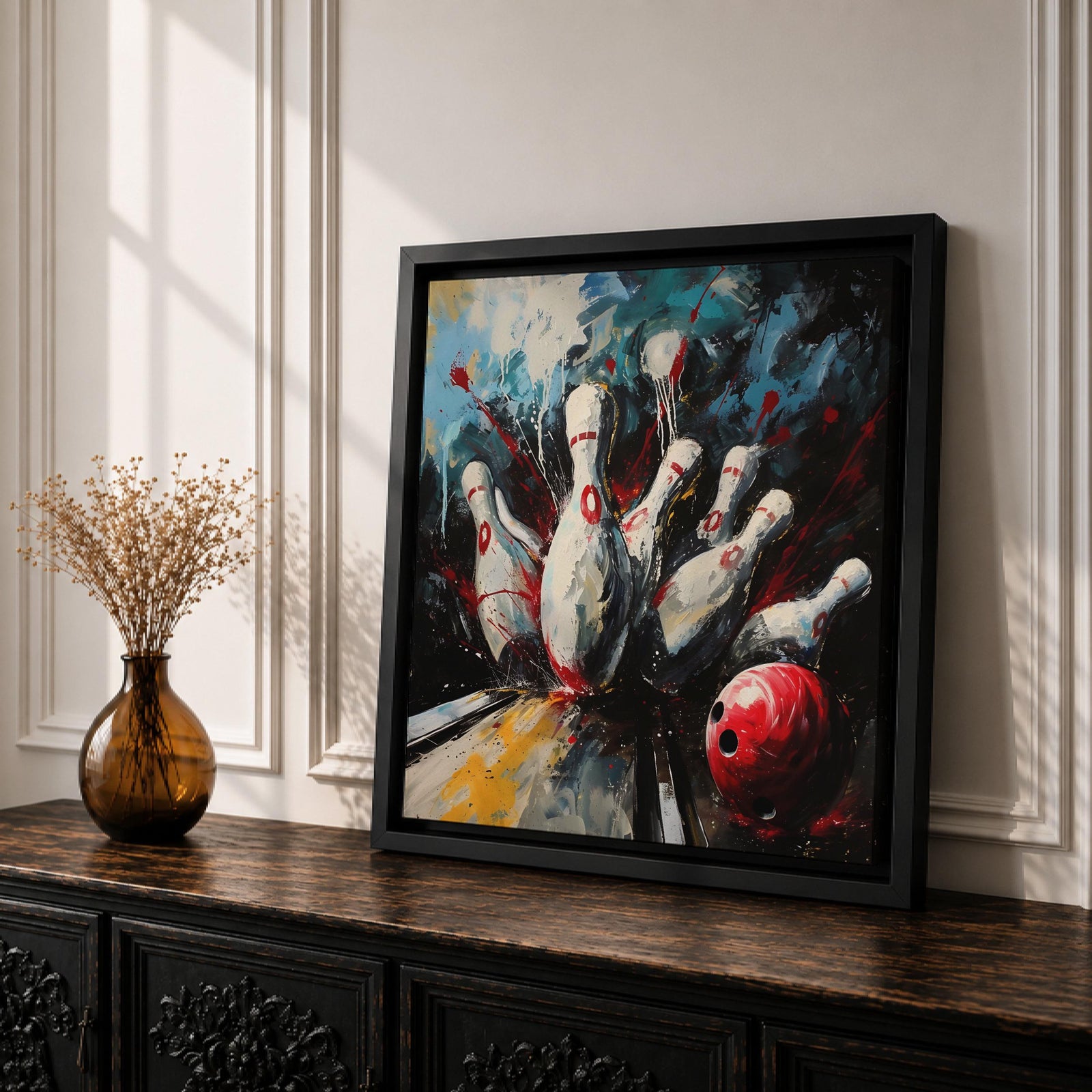 Bowling Pins Wall Art Strike Moment Framed Canvas Alley Abstract Sports Game Room Decor
