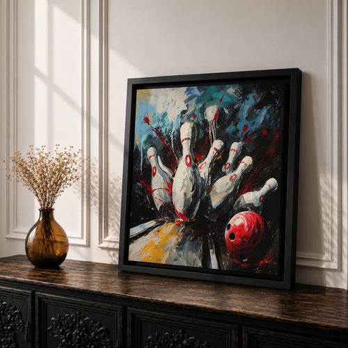 Bowling Pins Wall Art Strike Moment Framed Canvas Alley Abstract Sports Game Room Decor