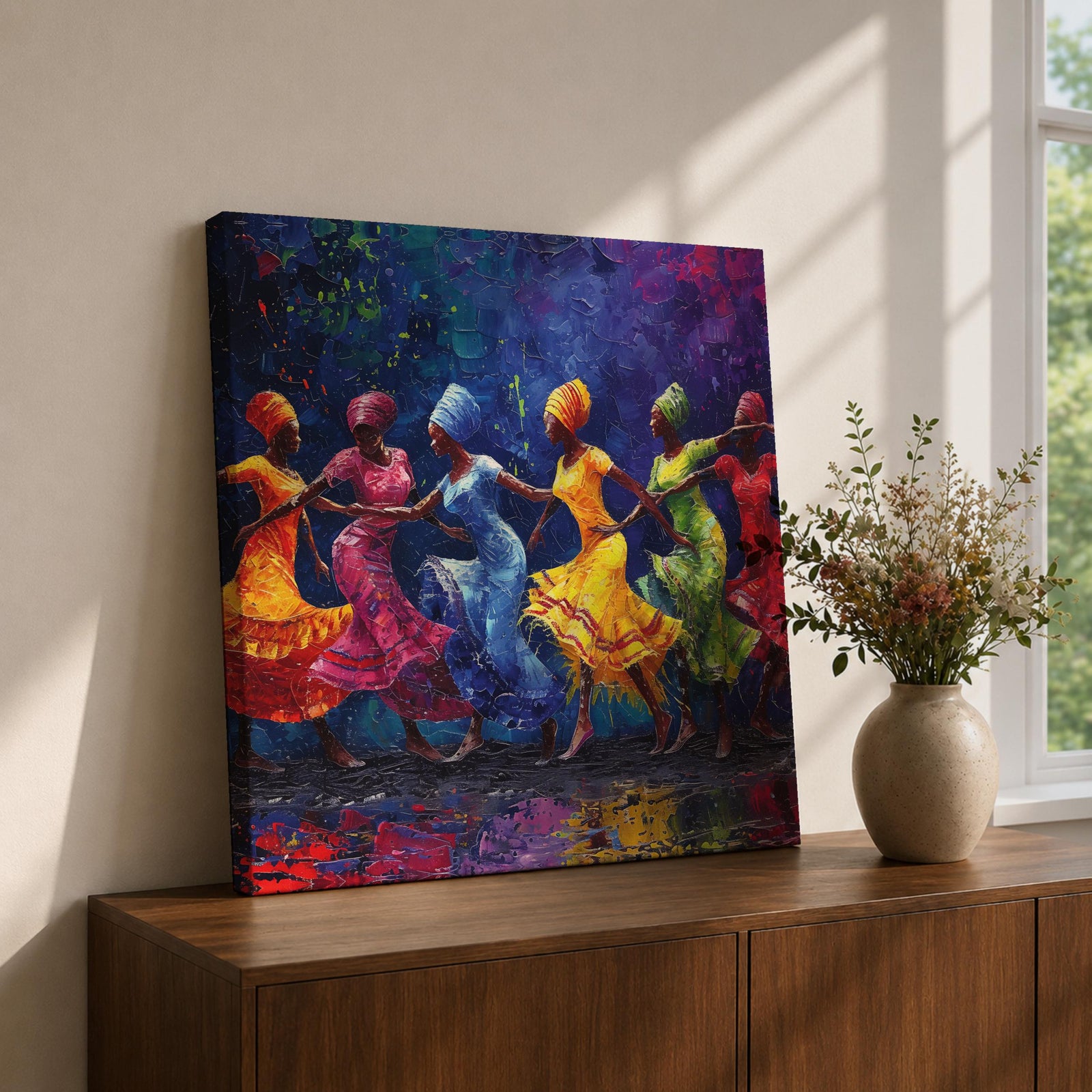African Dance Wall Art Tribal Rhythm Framed Canvas Traditional Culture Impasto Ethnic Decor