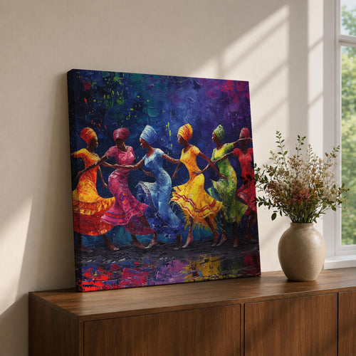 African Dance Wall Art Tribal Rhythm Framed Canvas Traditional Culture Impasto Ethnic Decor