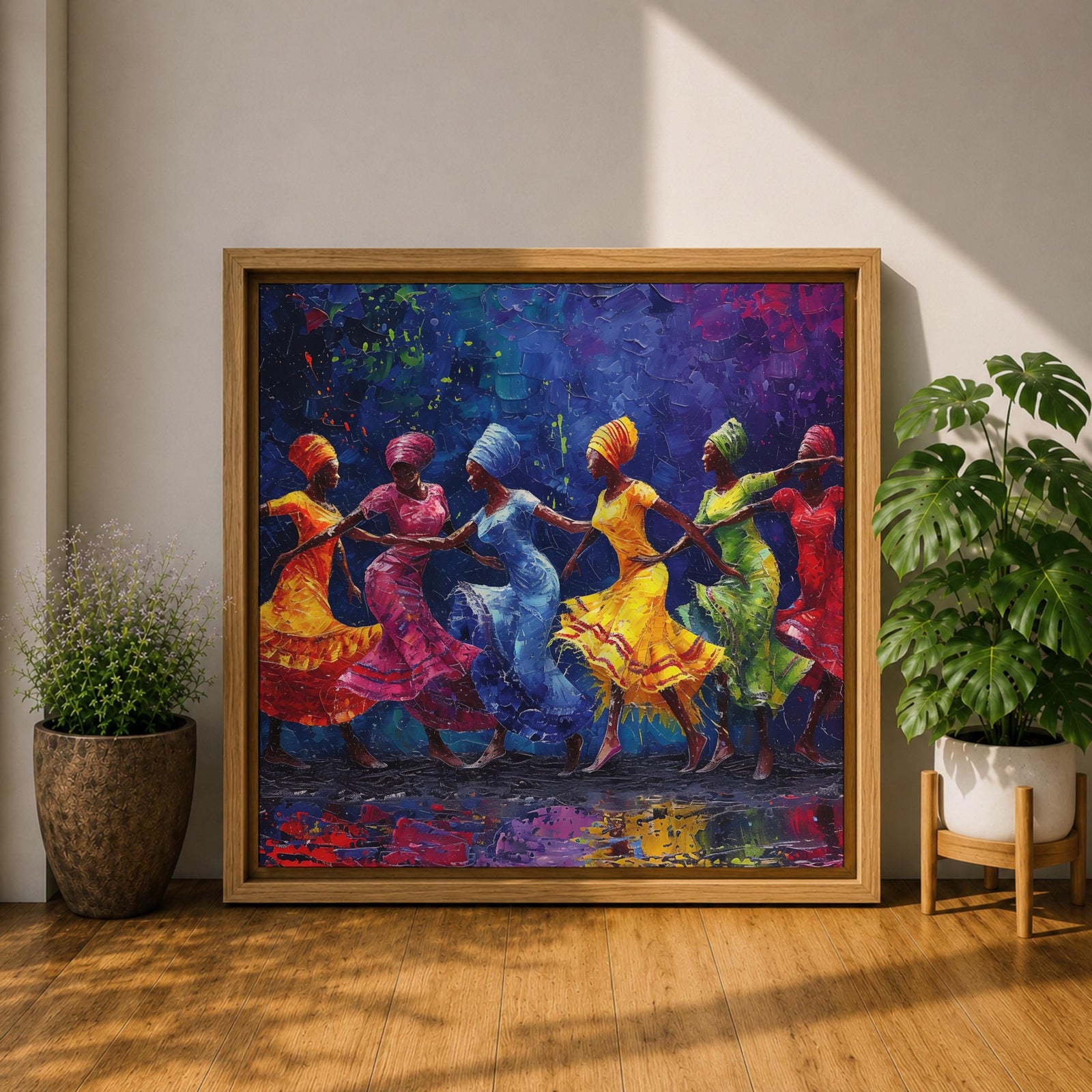African Dance Wall Art Tribal Rhythm Framed Canvas Traditional Culture Impasto Ethnic Decor
