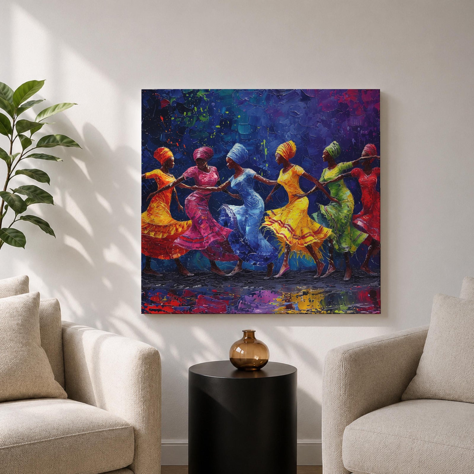 African Dance Wall Art Tribal Rhythm Framed Canvas Traditional Culture Impasto Ethnic Decor