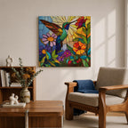 Hummingbird Wall Art Nectar Bird Framed Canvas Botanical Stained Glass Tropical Wildlife Decor