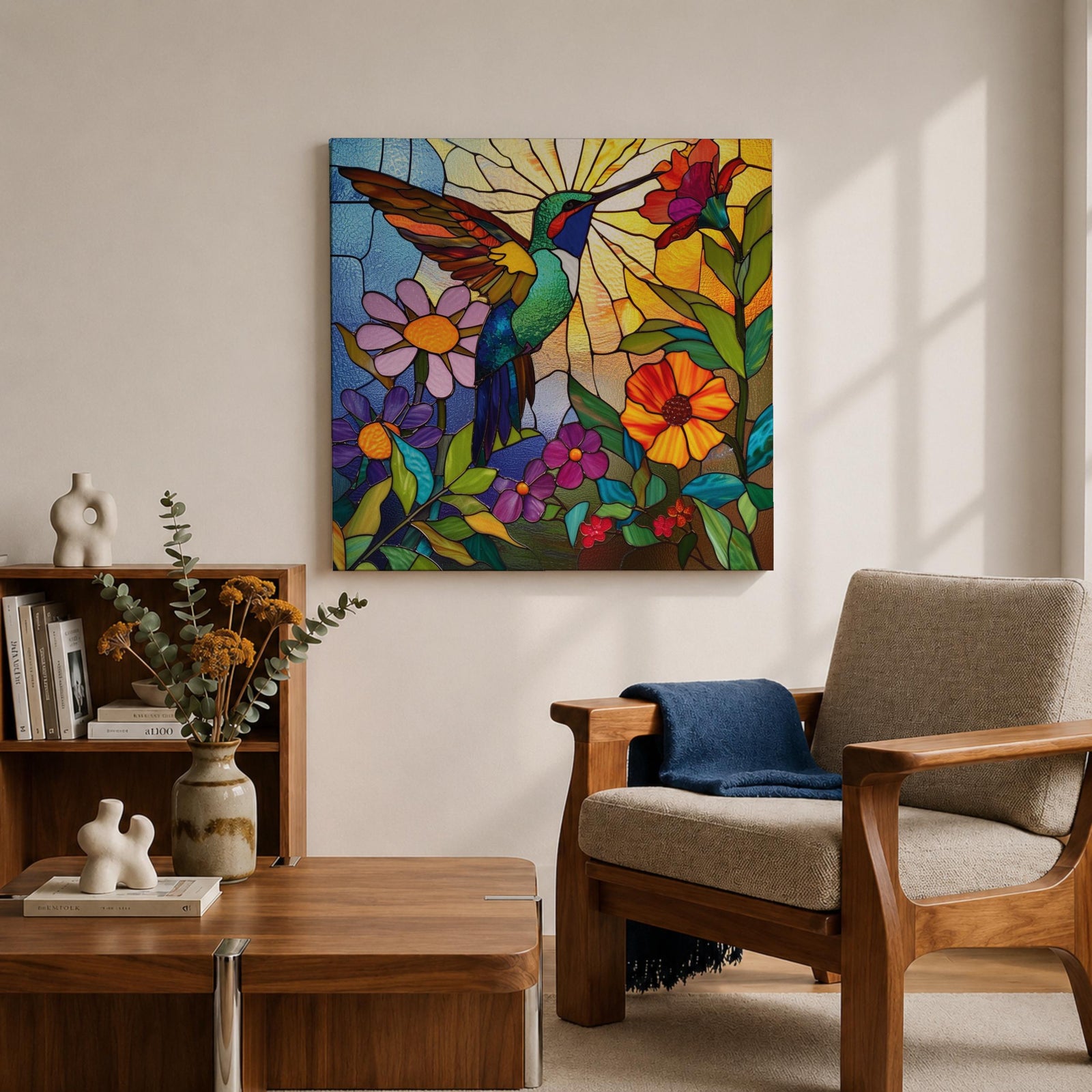 Hummingbird Wall Art Nectar Bird Framed Canvas Botanical Stained Glass Tropical Wildlife Decor