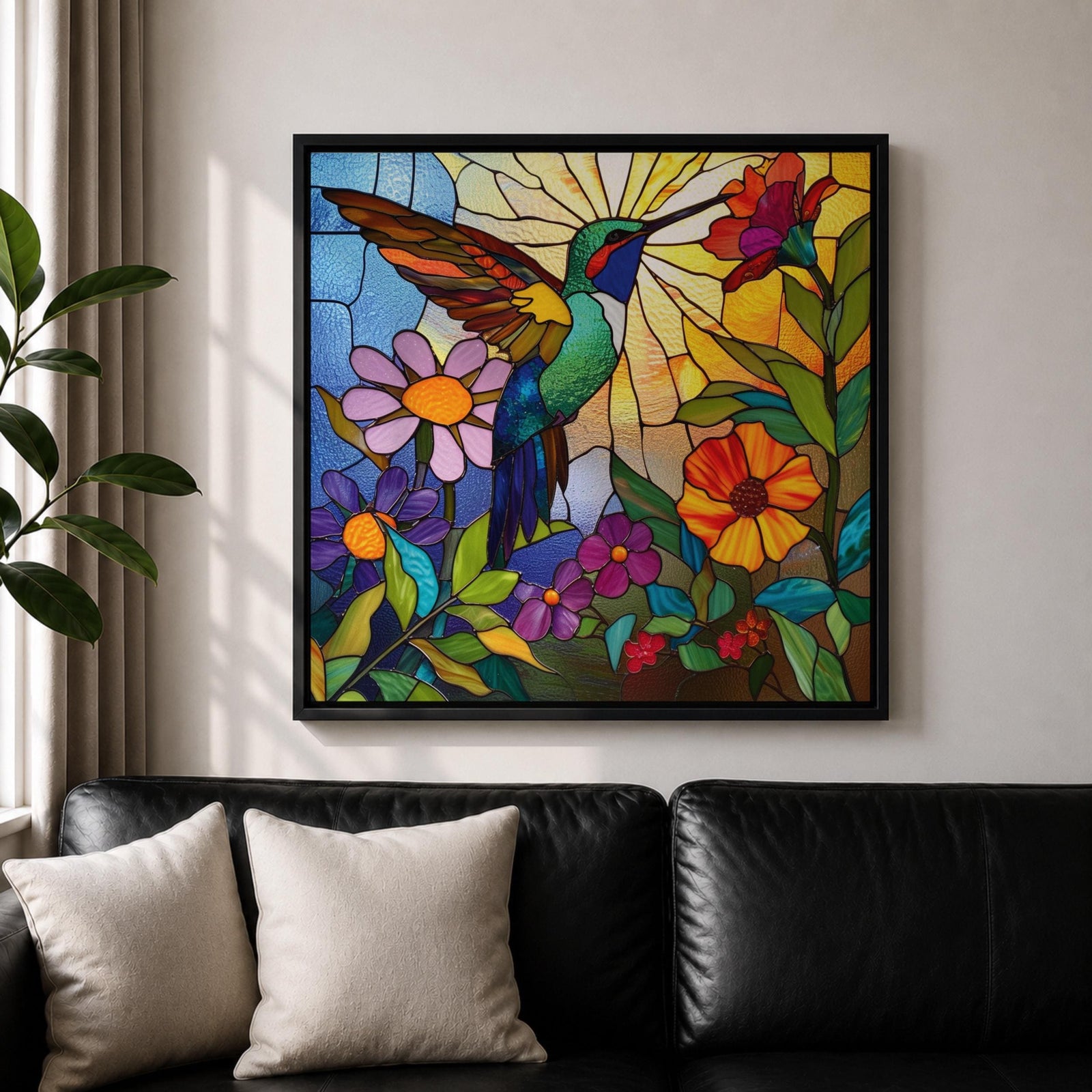 Hummingbird Wall Art Nectar Bird Framed Canvas Botanical Stained Glass Tropical Wildlife Decor