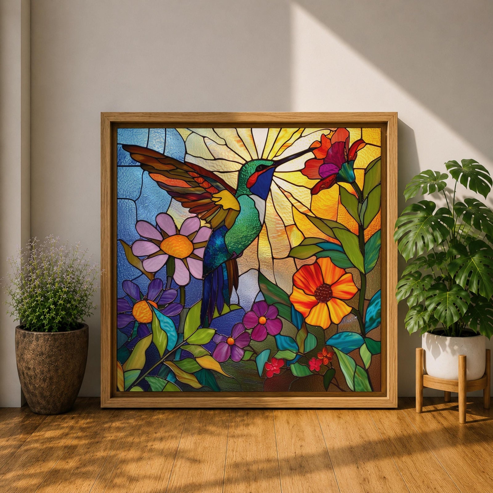 Hummingbird Wall Art Nectar Bird Framed Canvas Botanical Stained Glass Tropical Wildlife Decor
