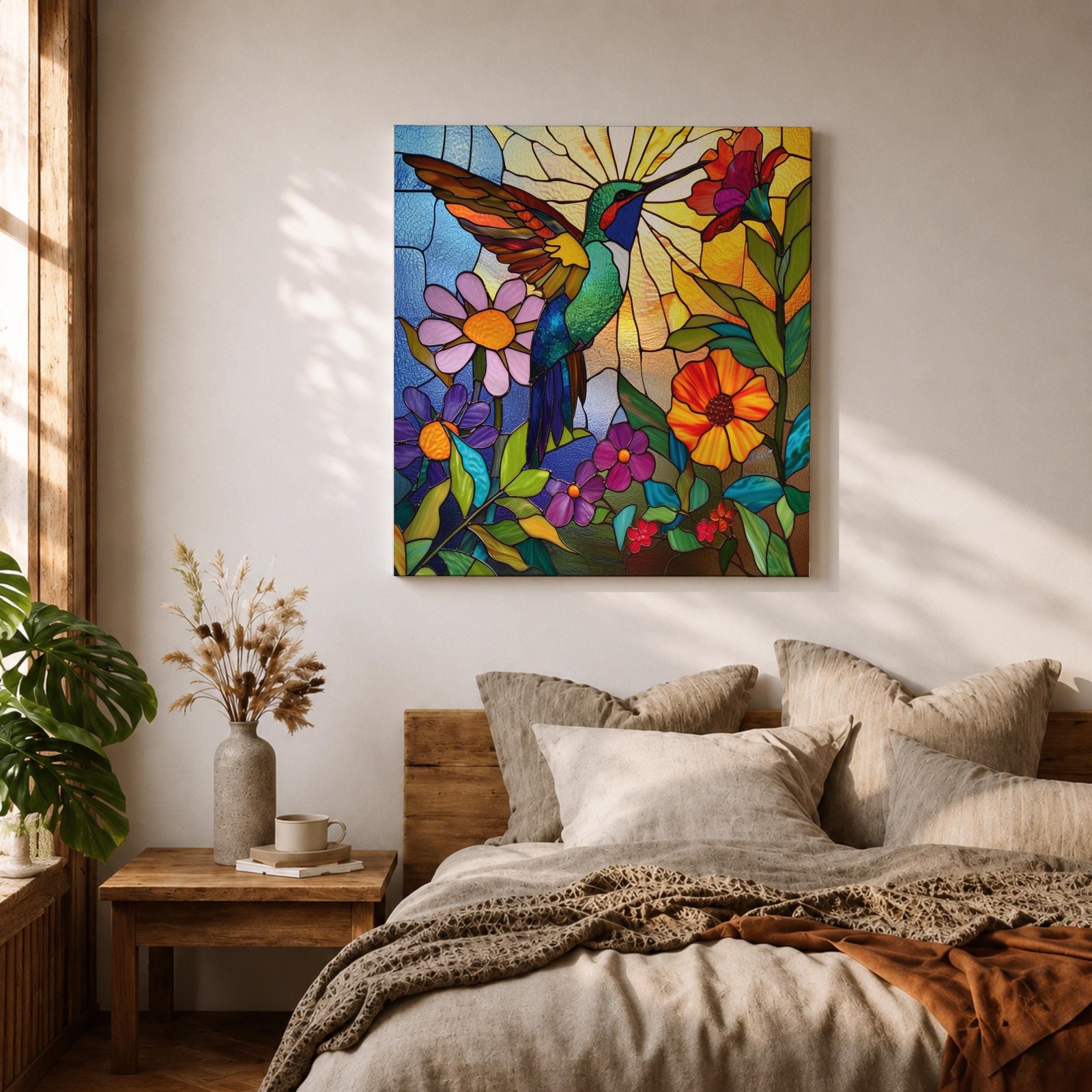 Hummingbird Wall Art Nectar Bird Framed Canvas Botanical Stained Glass Tropical Wildlife Decor