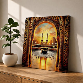 Kaaba Wall Art Golden Arch Framed Canvas Masjid al Haram Arabic Islamic Mecca Decor