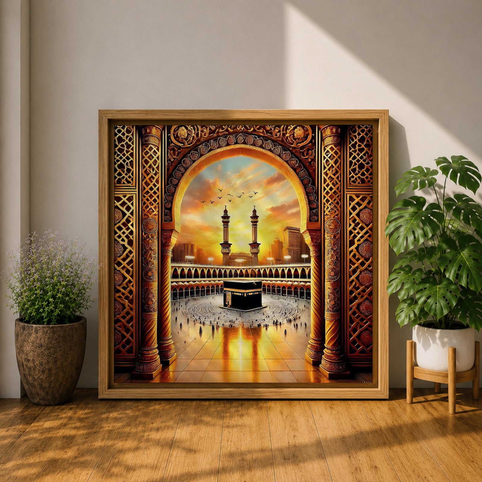 Kaaba Wall Art Golden Arch Framed Canvas Masjid al Haram Arabic Islamic Mecca Decor