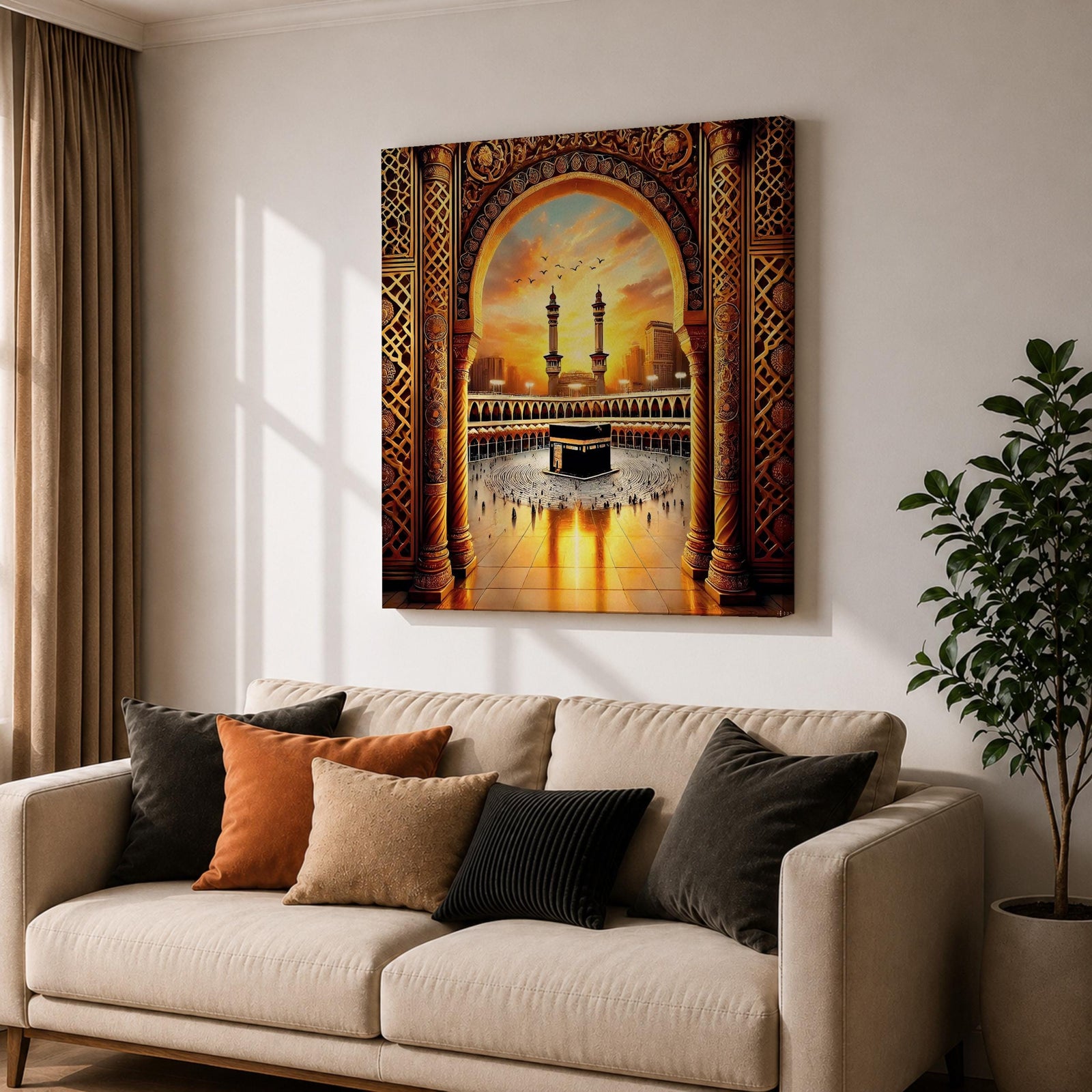 Kaaba Wall Art Golden Arch Framed Canvas Masjid al Haram Arabic Islamic Mecca Decor
