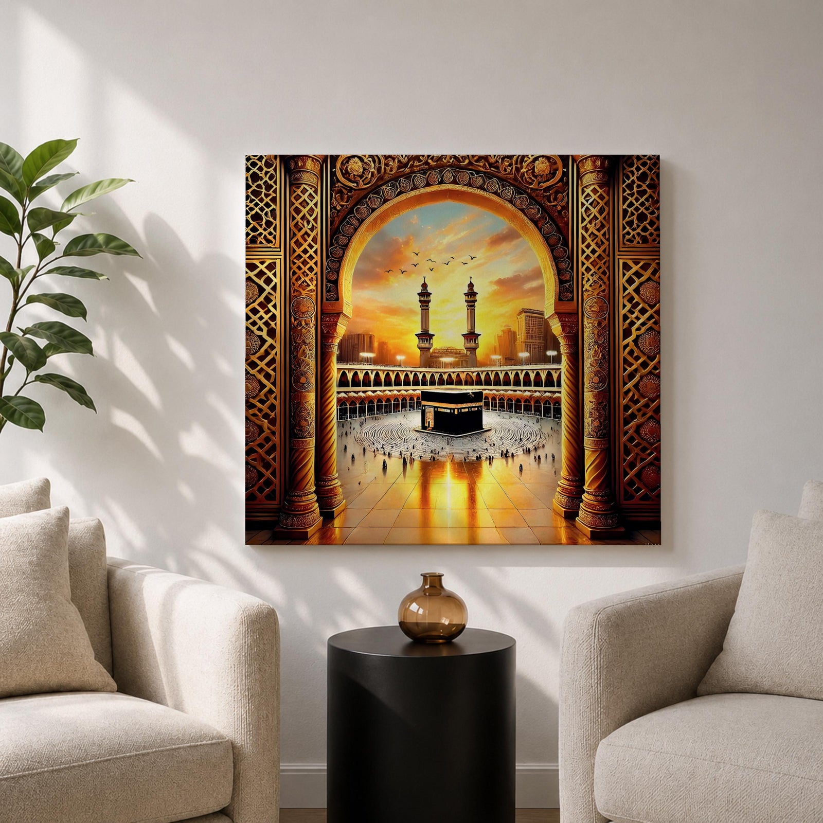 Kaaba Wall Art Golden Arch Framed Canvas Masjid al Haram Arabic Islamic Mecca Decor
