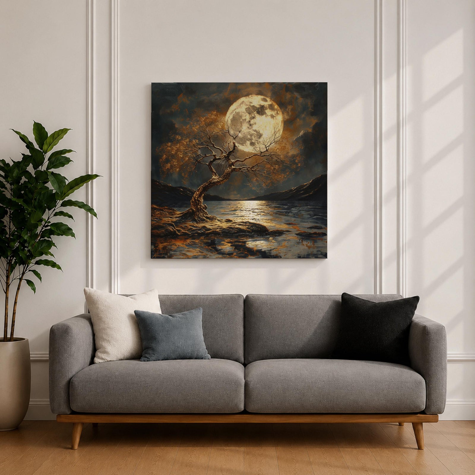 Moonlit Tree Wall Art Full Moon Landscape Framed Canvas Night Lake Rustic Home Decor