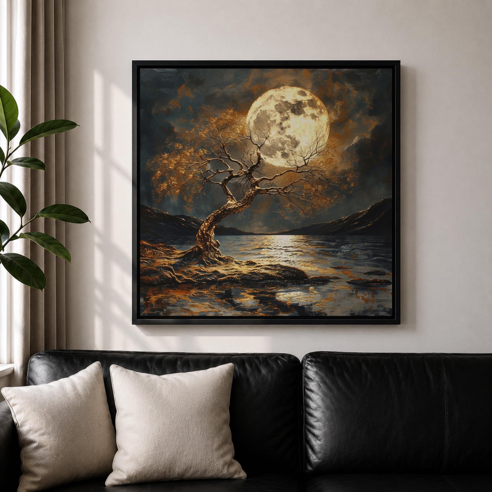 Moonlit Tree Wall Art Full Moon Landscape Framed Canvas Night Lake Rustic Home Decor