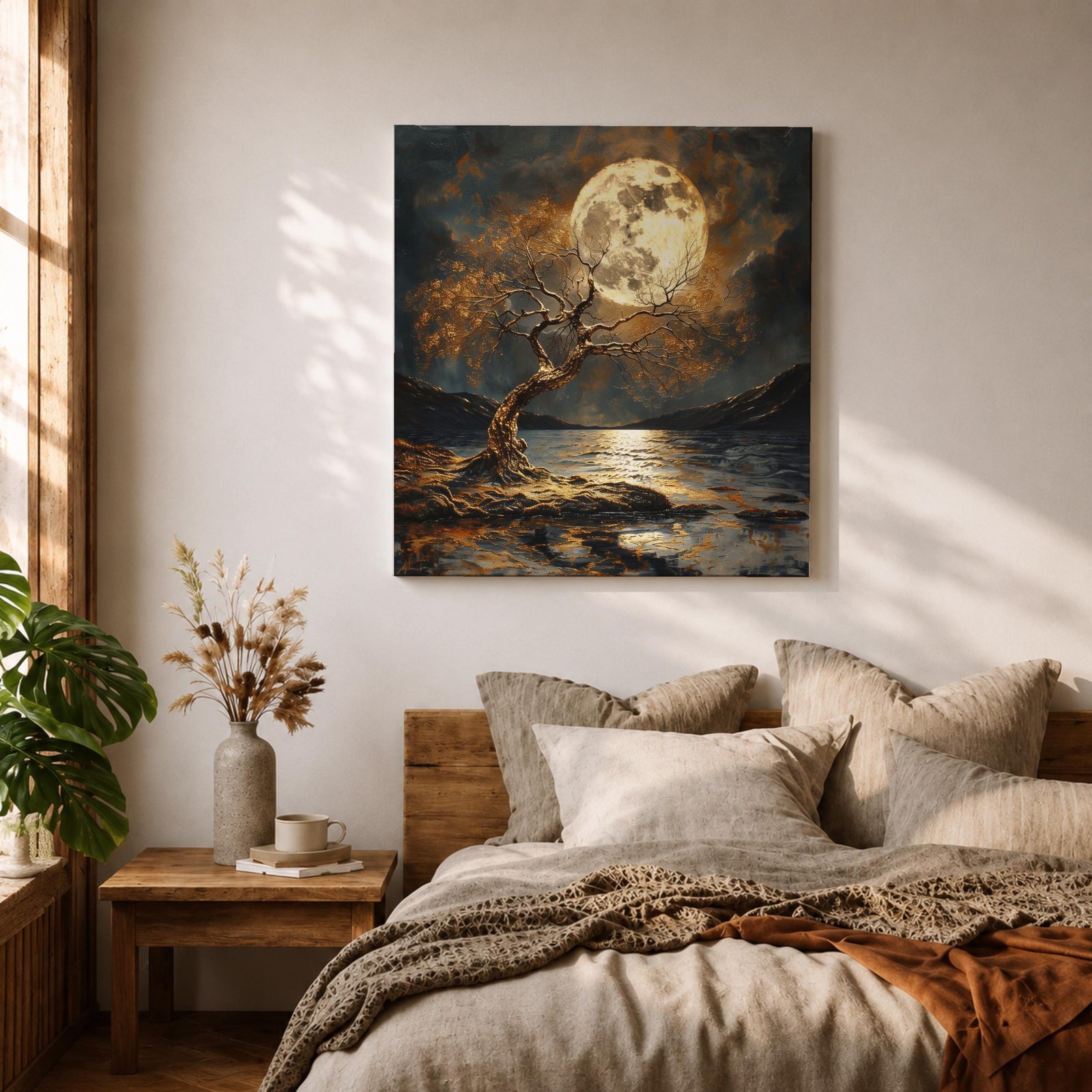 Moonlit Tree Wall Art Full Moon Landscape Framed Canvas Night Lake Rustic Home Decor