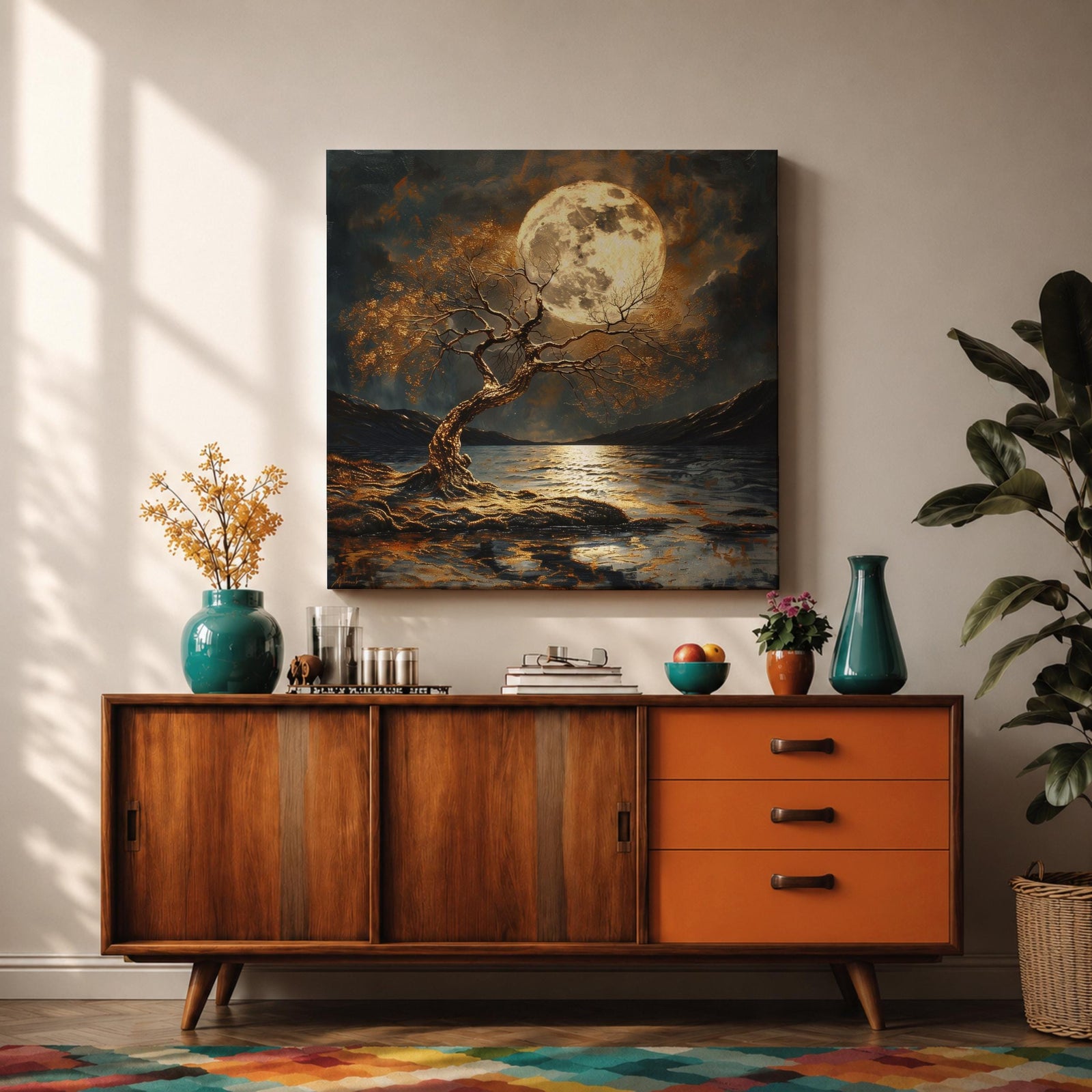 Moonlit Tree Wall Art Full Moon Landscape Framed Canvas Night Lake Rustic Home Decor