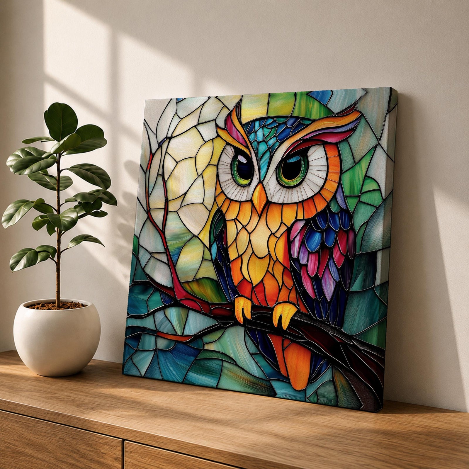 Owl Wall Art Night Bird Framed Canvas Stained Glass Colorful Boho Wall Home Decor