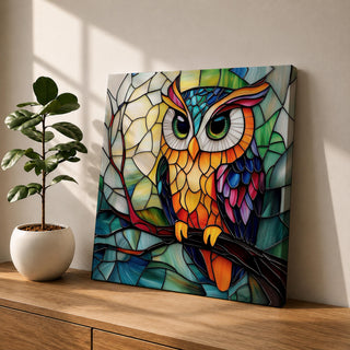 Owl Wall Art Night Bird Framed Canvas Stained Glass Colorful Boho Wall Home Decor