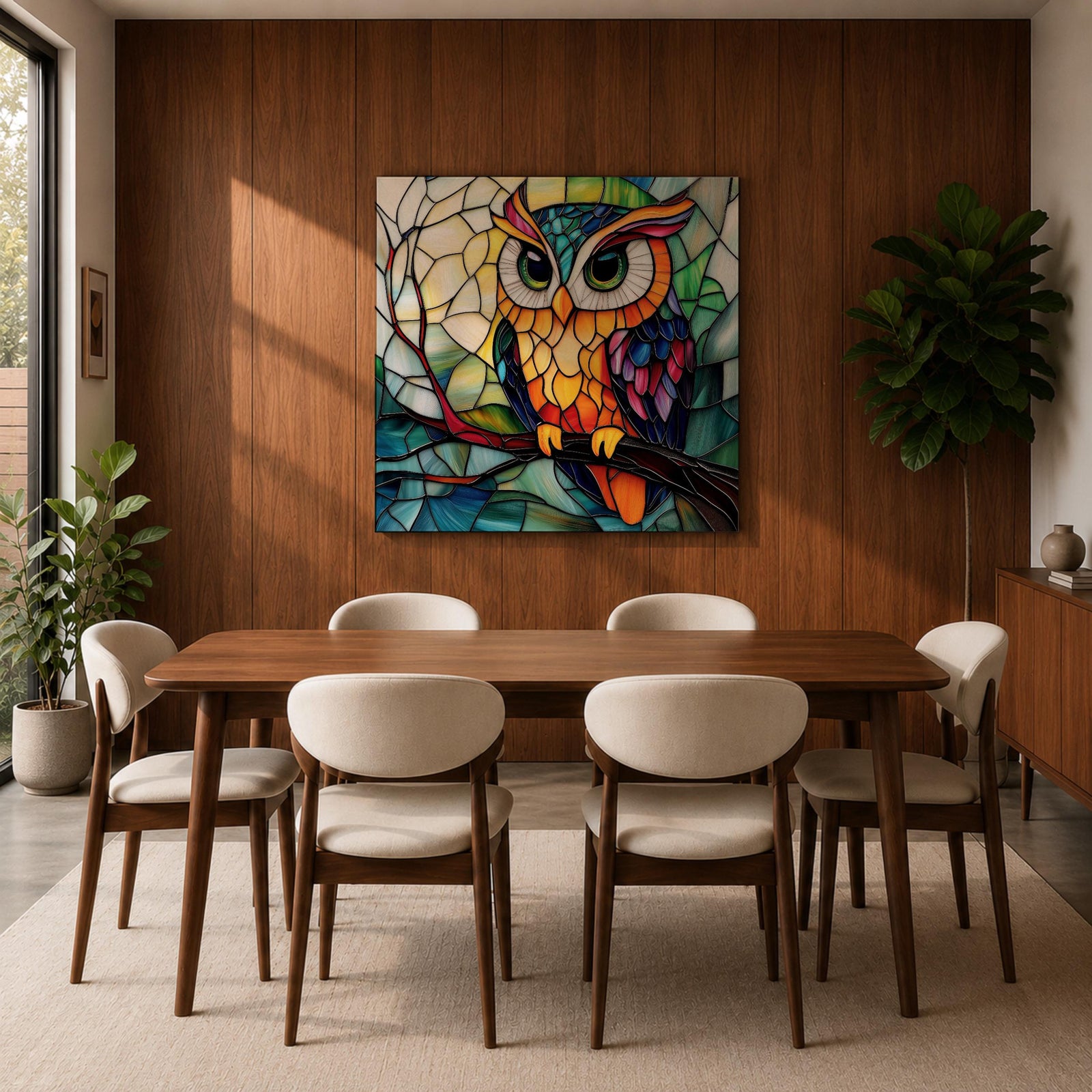 Owl Wall Art Night Bird Framed Canvas Stained Glass Colorful Boho Wall Home Decor