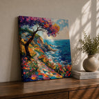Coastal Pathway Wall Art Mediterranean Ocean Trail Framed Canvas Impasto Landscape Living Room Decor