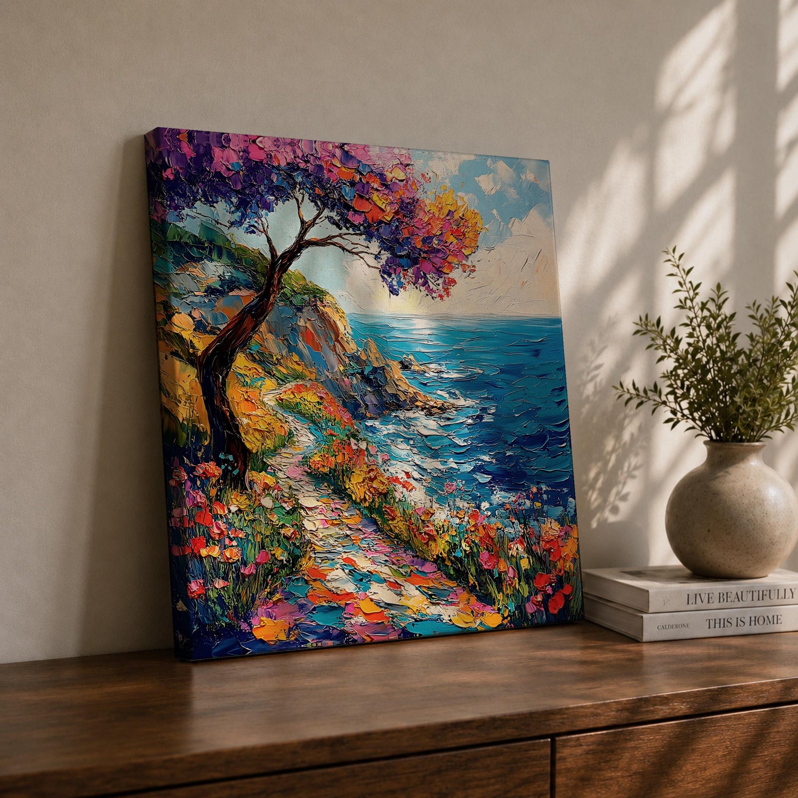 Coastal Pathway Wall Art Mediterranean Ocean Trail Framed Canvas Impasto Landscape Living Room Decor