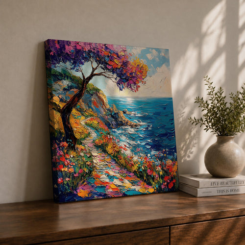 Coastal Pathway Wall Art Mediterranean Ocean Trail Framed Canvas Impasto Landscape Living Room Decor