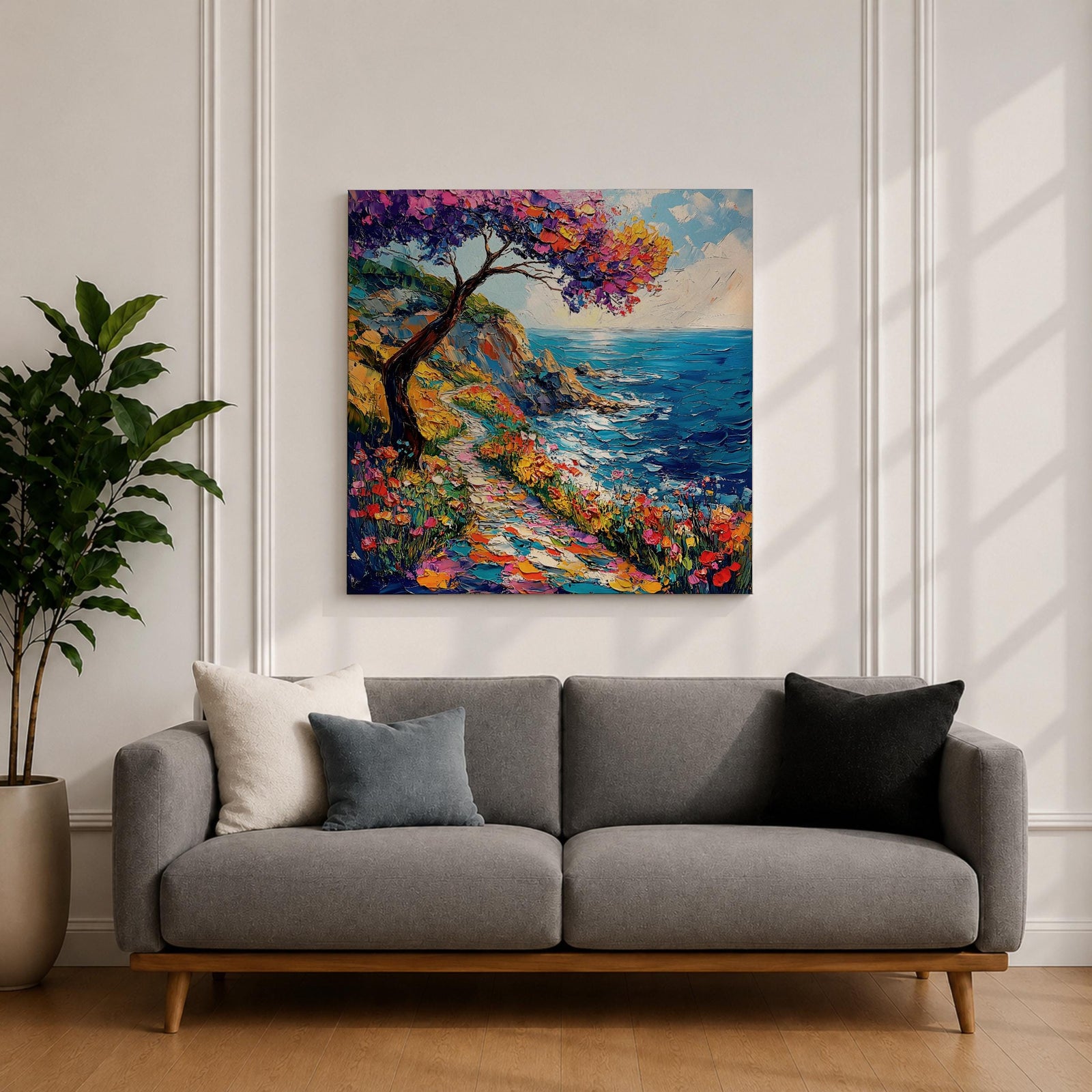 Coastal Pathway Wall Art Mediterranean Ocean Trail Framed Canvas Impasto Landscape Living Room Decor
