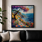 Coastal Pathway Wall Art Mediterranean Ocean Trail Framed Canvas Impasto Landscape Living Room Decor