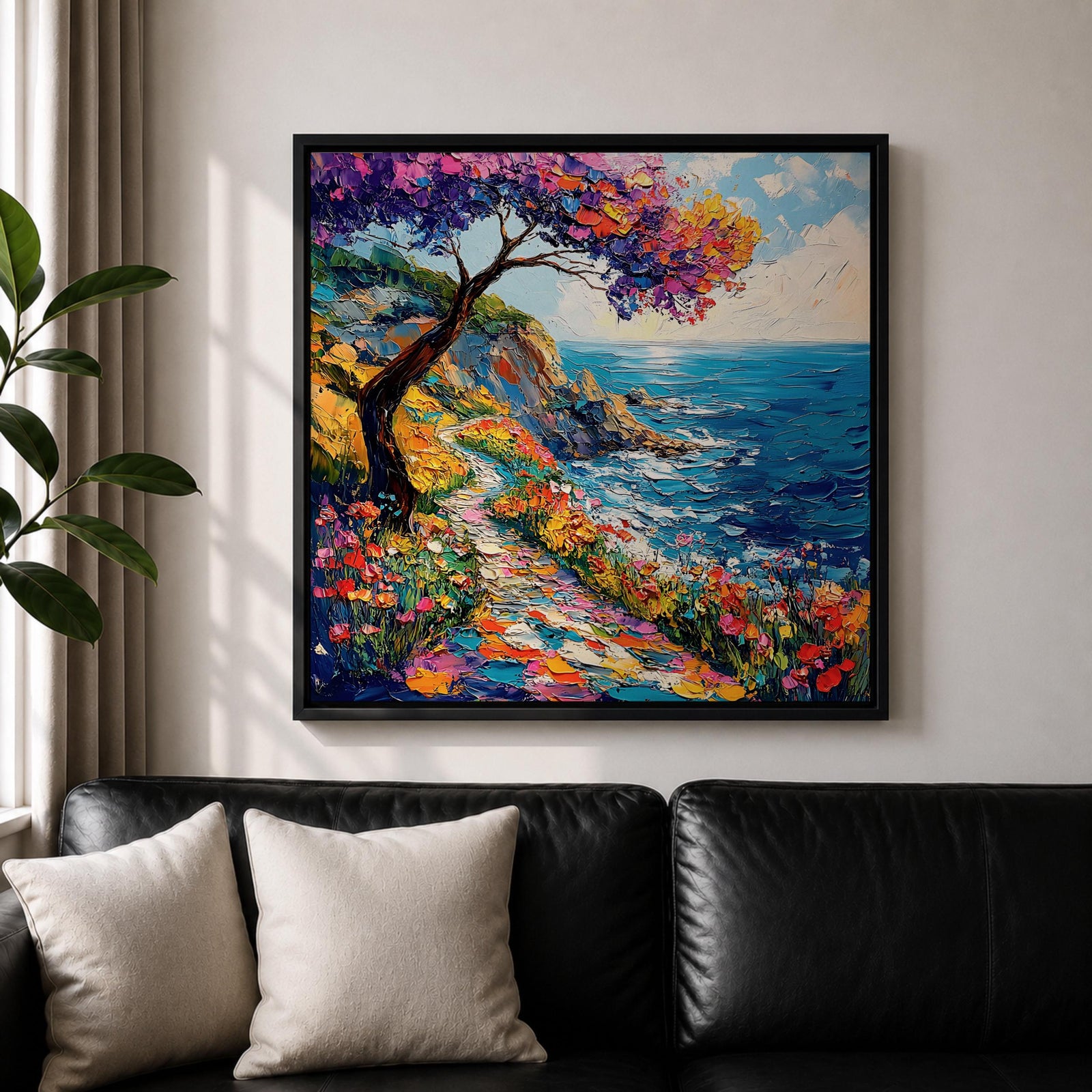 Coastal Pathway Wall Art Mediterranean Ocean Trail Framed Canvas Impasto Landscape Living Room Decor