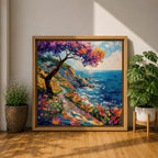 Coastal Pathway Wall Art Mediterranean Ocean Trail Framed Canvas Impasto Landscape Living Room Decor