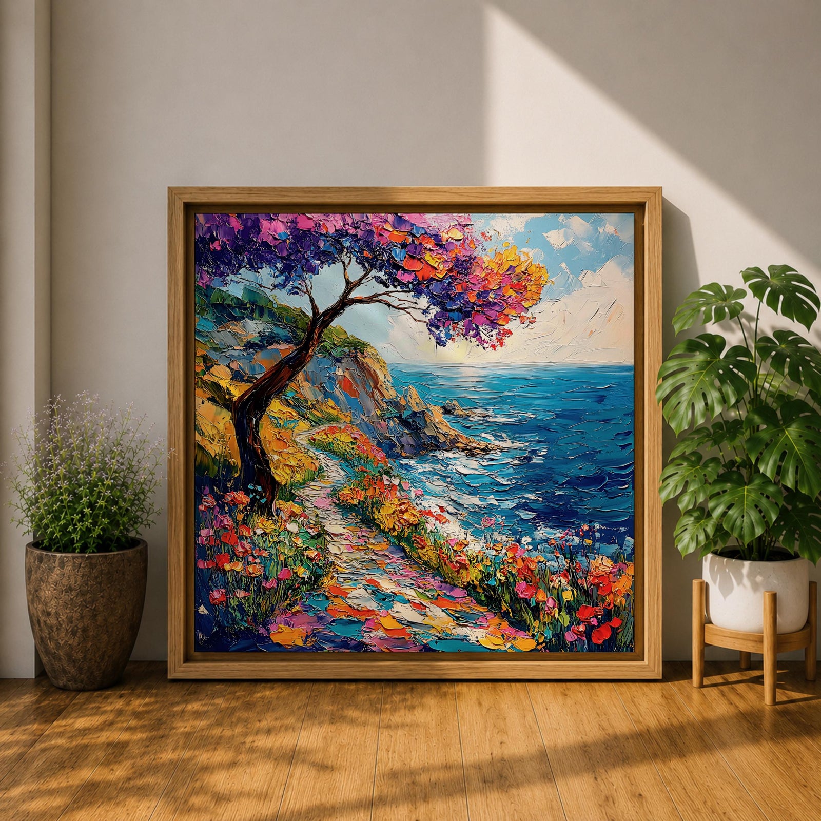 Coastal Pathway Wall Art Mediterranean Ocean Trail Framed Canvas Impasto Landscape Living Room Decor