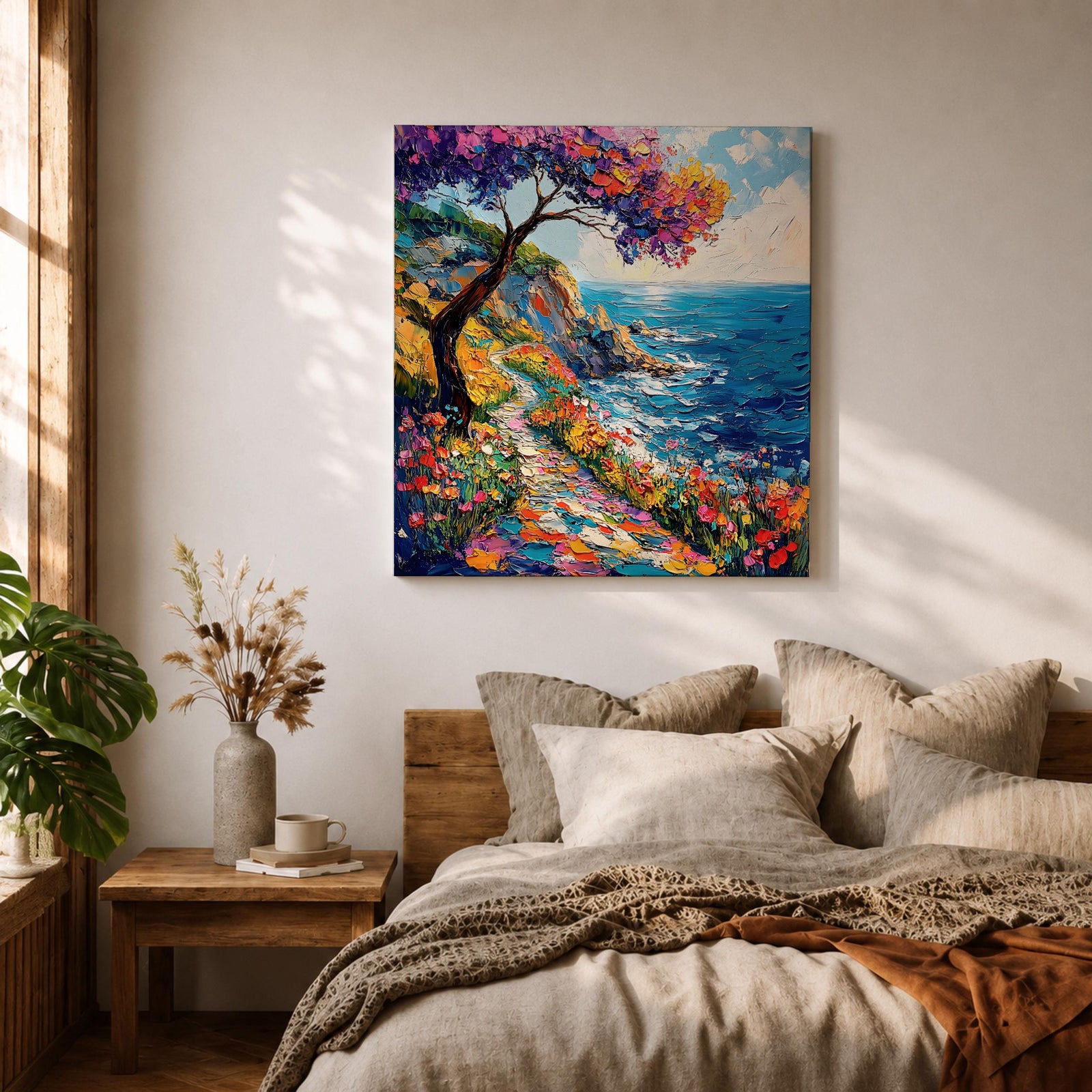 Coastal Pathway Wall Art Mediterranean Ocean Trail Framed Canvas Impasto Landscape Living Room Decor