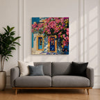 Santorini Bougainvillea Wall Art Greek Island Framed Canvas Mediterranean Impasto Landscape Coastal Home Decor