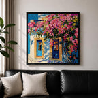 Santorini Bougainvillea Wall Art Greek Island Framed Canvas Mediterranean Impasto Landscape Coastal Home Decor