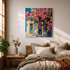 Santorini Bougainvillea Wall Art Greek Island Framed Canvas Mediterranean Impasto Landscape Coastal Home Decor